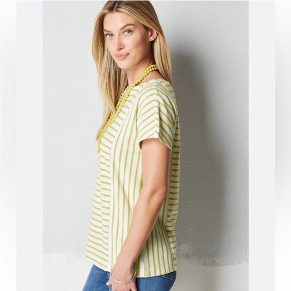 🦋 J. Jill White Green Neon Striped Short Sleeve Blouse XL Button Back Casual - Picture 1 of 7